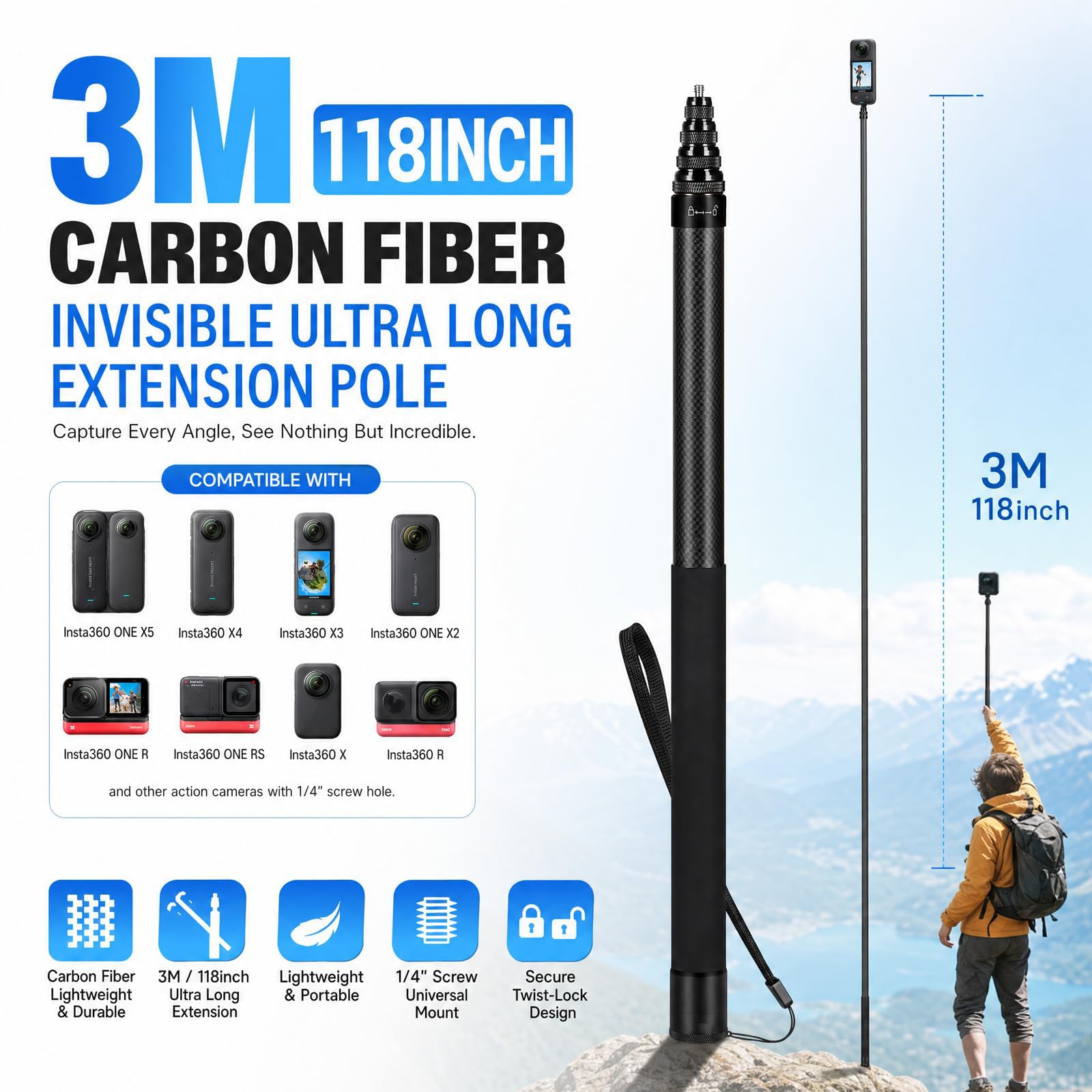 Amazon.co.jp: 3m 自撮り棒 118インチ カーボンファイバー